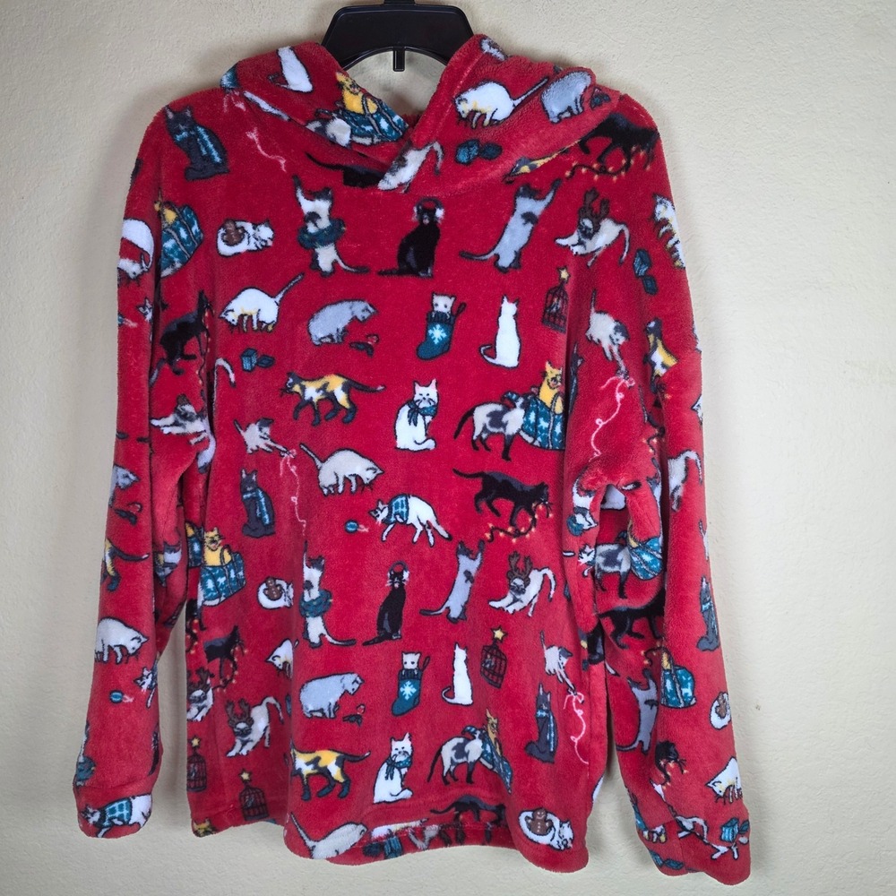 Vera Bradley Festive Cats Red Fleece Hoodie Pullover Medium Holiday Christmas